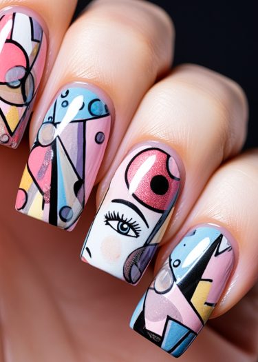 Colorful abstract geometric nail art featuring unique designs, shapes, and vibrant pastel tones.