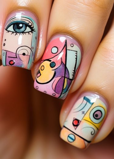 Vibrant abstract nail art featuring geometric designs, intricate patterns, and bold colors.