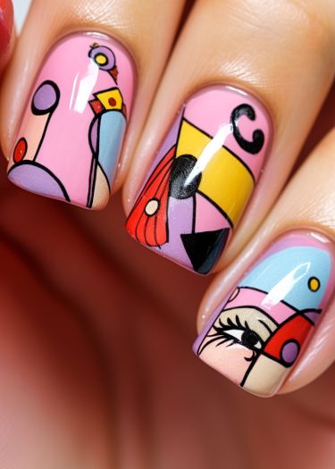 Vibrant abstract pastel nail art with geometric designs and a glossy finish.