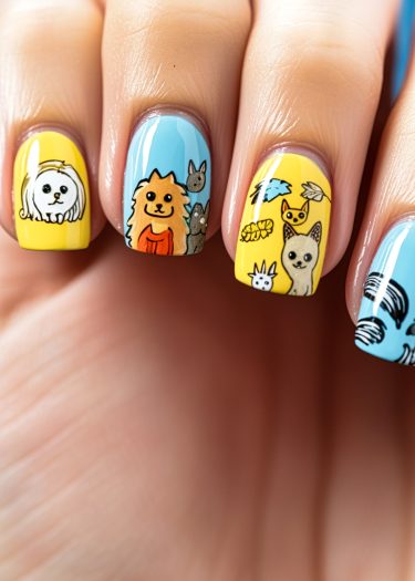 Vibrant animal-themed nail art featuring cute dog, fox, and whimsical designs on glossy nails.