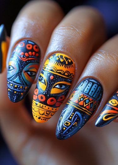 Vibrant tribal mask nail art featuring intricate designs on elegantly shaped almond nails.