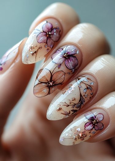 Elegant almond-shaped floral nail art with intricate designs and sparkling embellishments.