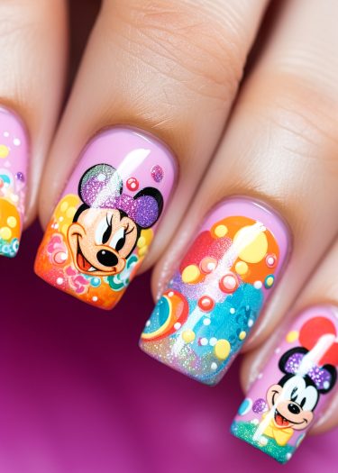 Vibrant animated character nail art with pastel lavender base and glittery details.