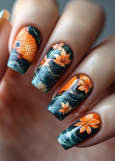 Vibrant aquatic floral nail art featuring koi fish and orange lilies on shimmery teal base.