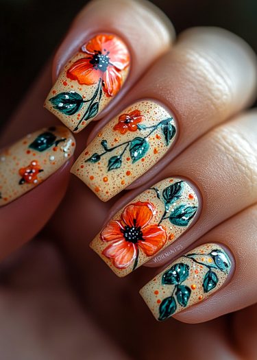 Beautiful beige nail art featuring vibrant floral designs in orange and green leaves.