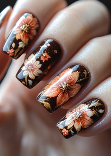 Exquisite chocolate brown floral nail art with gold accents showcasing autumn-inspired designs.