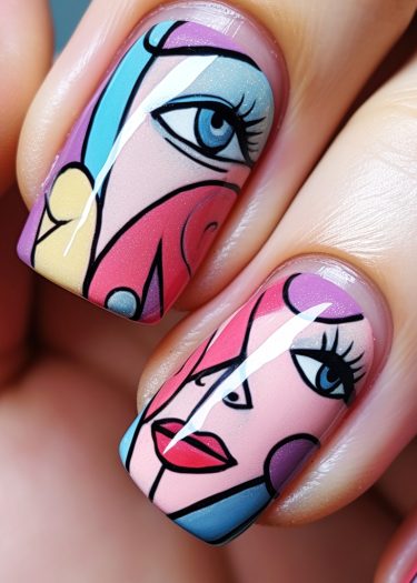 Vibrant cubist-inspired nail art featuring abstract faces and bold geometric designs.