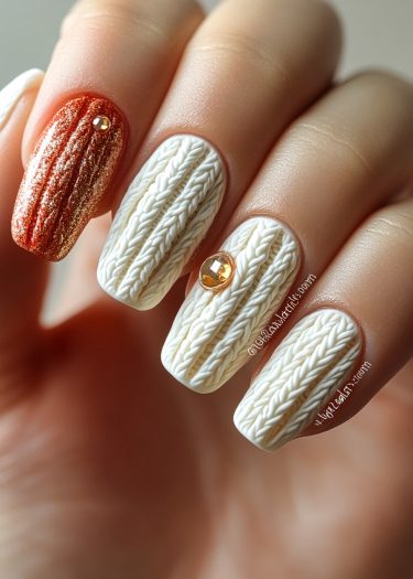 Elegant knitted sweater nail art with glittery copper accent and golden rhinestones for a seasonal look.