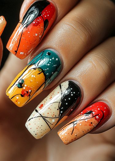 Vibrant artistic nail designs featuring bold colors and intricate abstract patterns.