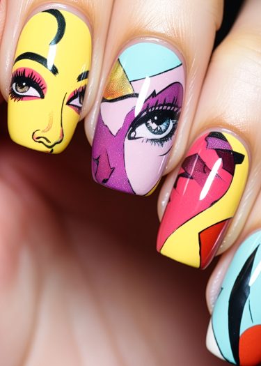 Artistic pop art nails feature vibrant designs, bold colors, and stylized faces for stunning beauty.