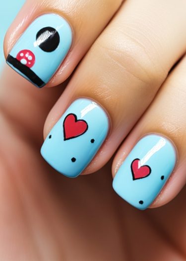 Artistic sky blue nails featuring playful designs, hearts, and a glossy finish.