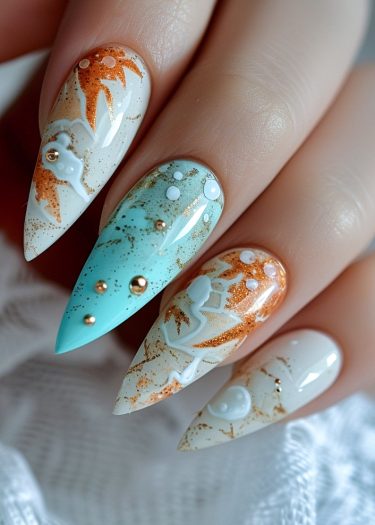 Elegant stiletto nails with intricate marbled designs and floral accents in soft colors.