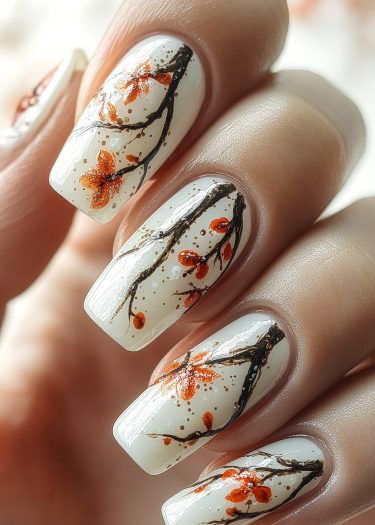 Elegant autumn branches nail art with cream base and vibrant orange flowers for a nature-inspired look.