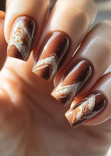 Elegant autumn brown nails with marbled design and glossy finish, perfect for trendy looks.