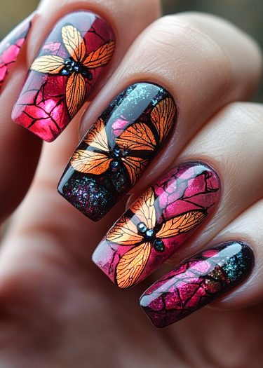 Vibrant autumn butterfly nail art featuring a burgundy-teal gradient and sparkling details.