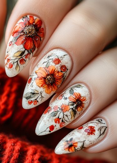 Elegant autumn floral nail art in stiletto shape with vibrant colors and intricate designs.