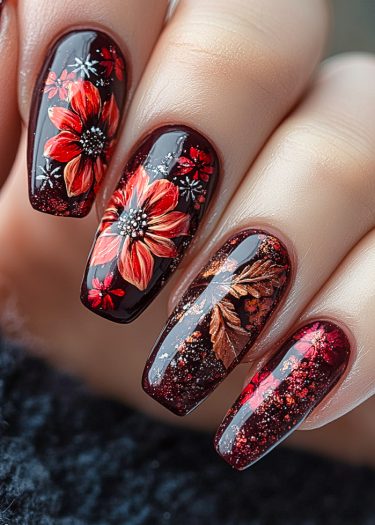 Elegant autumn floral nail art design featuring vibrant flowers on dark almond-shaped nails.