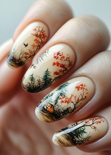 Autumn forest nail art featuring vibrant fall foliage and charming woodland creature designs.