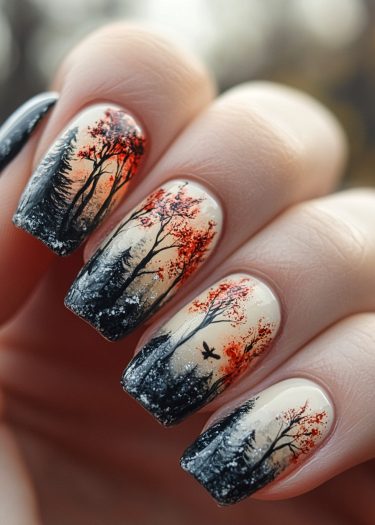 Autumn forest nail art featuring intricate landscapes, warm colors, and detailed tree silhouettes.