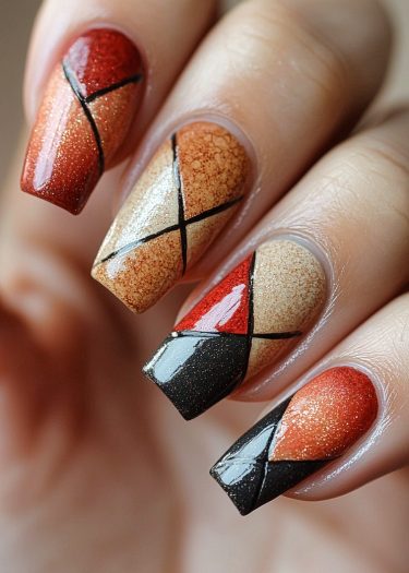 Elaborate autumn geometric nail art featuring vibrant red, orange, gold, and black designs.