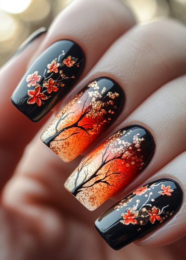 Autumn gradient nail art featuring sunset colors, tree silhouettes, and metallic floral accents.