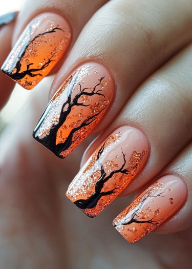 Beautiful autumn gradient nail art with tree silhouettes and shimmering glitter accents.