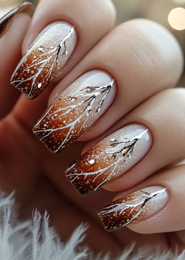 Autumn gradient nail art featuring metallic branches and whimsical dots on a cozy background.