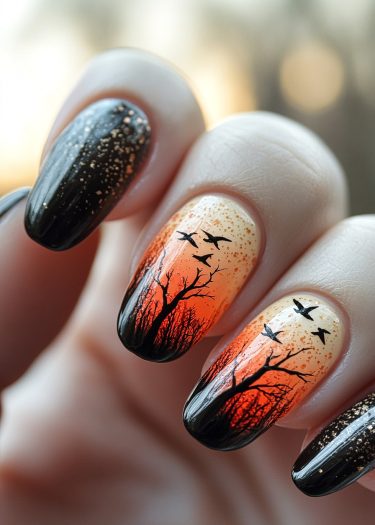 Autumn gradient nail art featuring silhouetted trees and flying birds against a twilight backdrop.