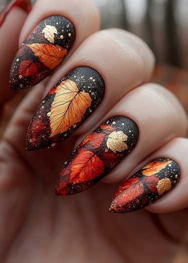 Stunning autumn leaf nail art on pointed stiletto nails, featuring intricate designs in orange and gold.