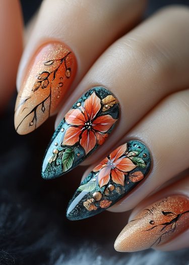 Elegant autumn nail art featuring floral designs and vibrant colors on almond-shaped nails.