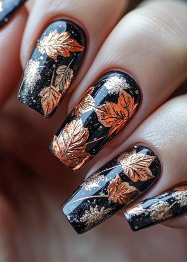 Glossy black autumn leaf nail art with metallic copper and gold details for a chic look.