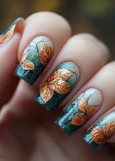 Elegant autumn leaf nail art with shimmering teal and metallic gold designs.