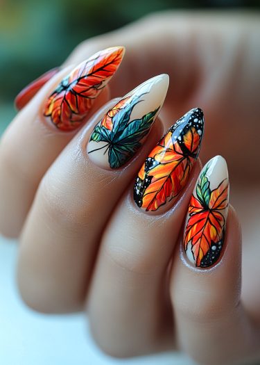 Autumn leaf nail art showcases vibrant fall colors and intricate designs on elegant almond-shaped nails.