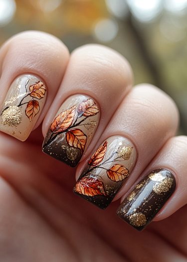 Autumn leaf nail art features intricate designs in warm colors and gold accents.