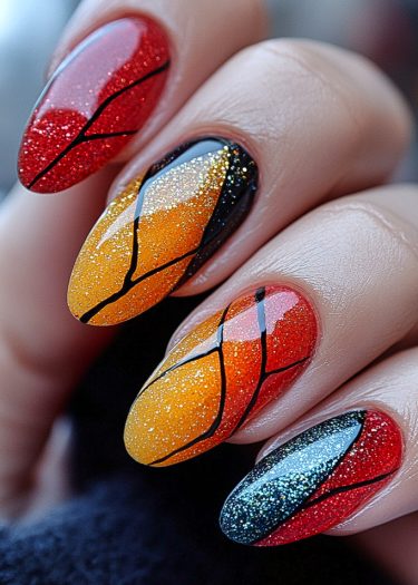 Vibrant autumn nail art featuring glitter, red-orange gradient, and abstract black designs.