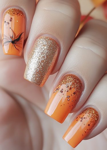 Vibrant autumn nail art with glitter ombre and floral designs for elegant manicured hands.