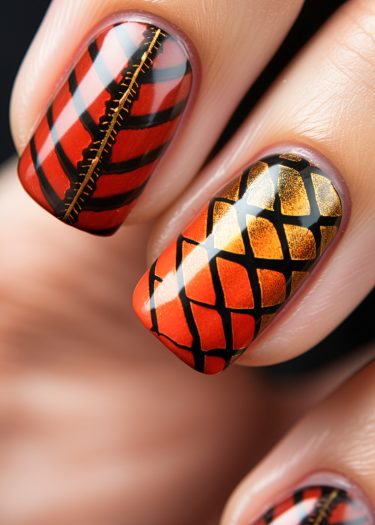 Vibrant autumn nail art with red, black, and gold designs featuring playful zipper elements.