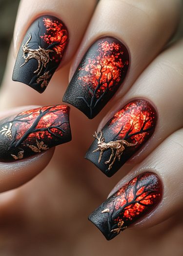 Stunning autumn nail art featuring tree silhouettes and metallic deer against a matte black background.