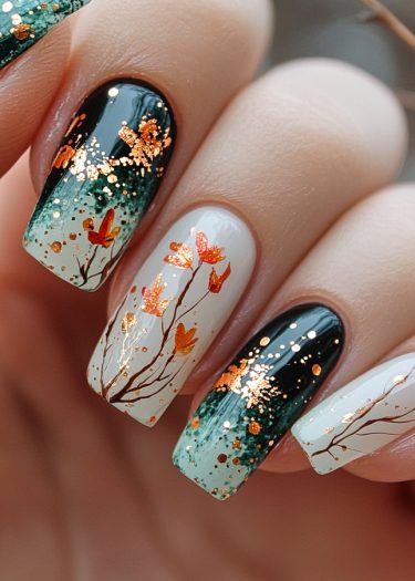 Elegant autumn nail art with gradient greens, copper accents, and delicate branch designs.