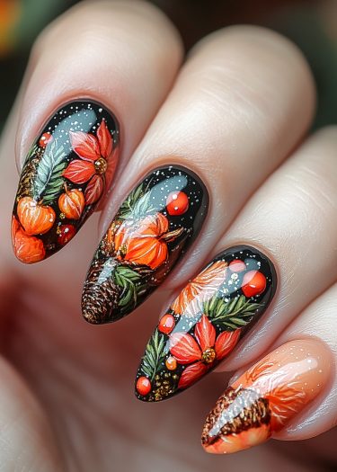 Exquisite autumn nail art featuring pumpkins, poinsettias, and detailed foliage on a glossy black base.