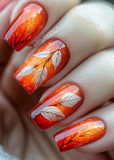 Vibrant autumn ombre nail art featuring intricate leaf designs in rich, warm colors.