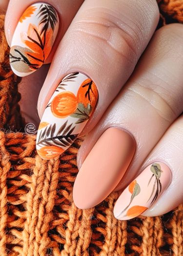 Autumn-inspired nail art featuring detailed fall foliage on beautifully manicured almond-shaped nails.