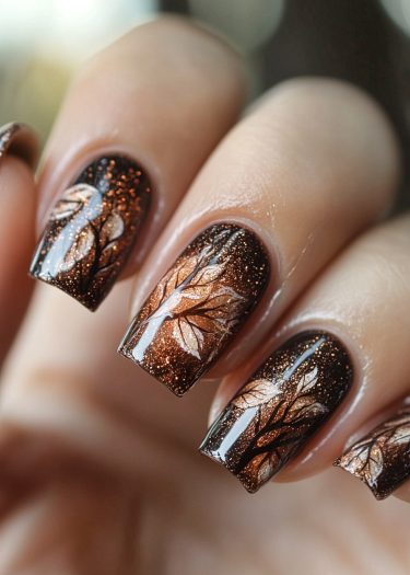 Elegant black autumn tree nail art featuring gold and bronze designs on manicured hands.