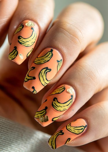 Playful banana motif nail art on peachy-orange background with elegant gold foil accents.