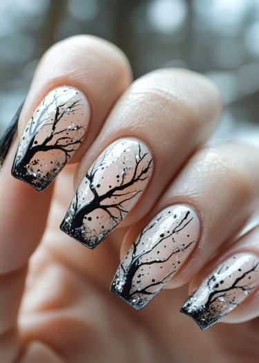 Elegant nail art featuring black tree silhouettes and shimmering accents on soft pink matte nails.