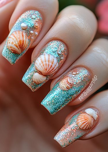 Glamorous beach-themed nail art featuring aqua blue, glitter, seashells, and pearl embellishments.