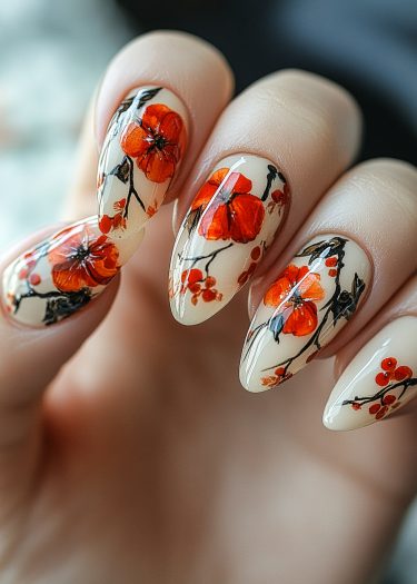 Elegant beige almond nails with intricate orange-red floral designs and glossy finish.