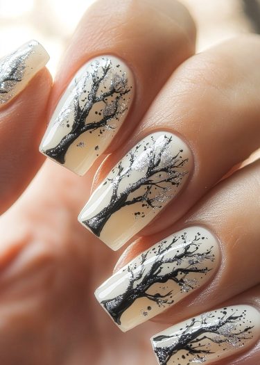 Elegant beige tree silhouette nail art with sparkling accents for a stunning manicure.