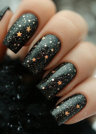 Elegant black and gold nail art featuring a cosmic design with star decals and glitter.