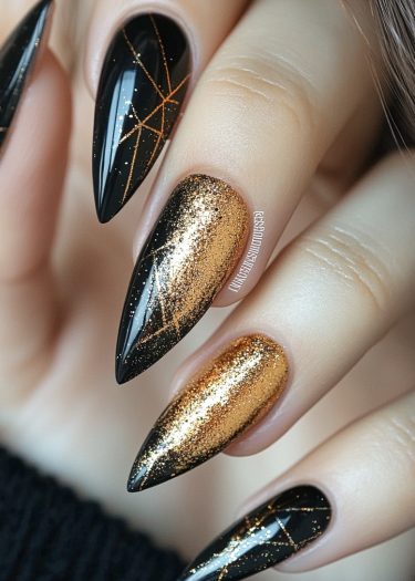 Stunning black and gold stiletto nails with geometric patterns and glitter designs.